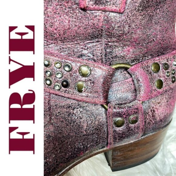 FRYE Deborah Studded Short Cowboy Western Boots Distressed Harness Pink, Size 8 - Picture 12 of 13